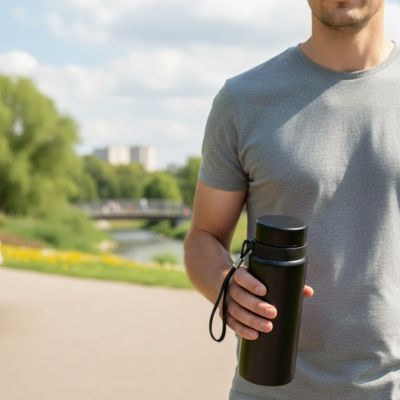 gourde isotherme noire en acier main droite fitness maison