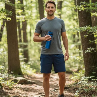 gourde isotherme acier bleu homme en face fitness
