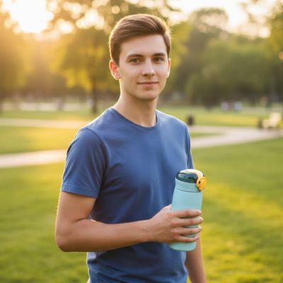 gourde isotherme enfants sport bleu tête jaune fitness