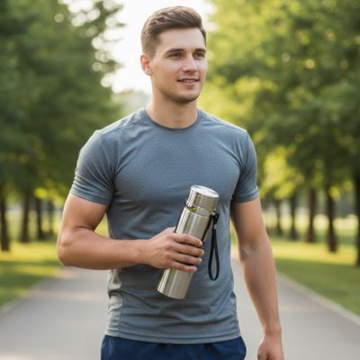gourde isotherme grise thermo durable main droite sport